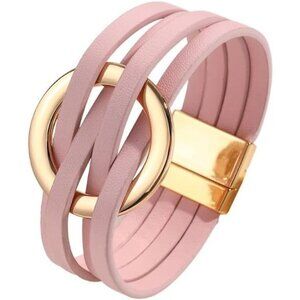 Pink Charm Leather Wrap Strand Handmade Cuff Bracelets for Women Holiday Jewelry